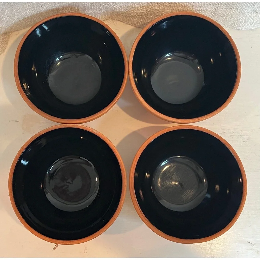 Set of 4 Romertopf Terra Rosa Reco Terracotta Bowls Black Glazed Interior Mexico